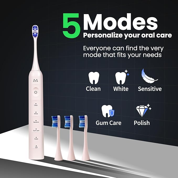 Electric Toothbrush, Marlincare Electric Toothbrush for Adults 180 Days Battery Life Rechargeable with 5 Modes, 48000VPM Motor Smart Timer IPX8, Sonic Toothbrush with 4 Brush Heads & Travel Case, Pink