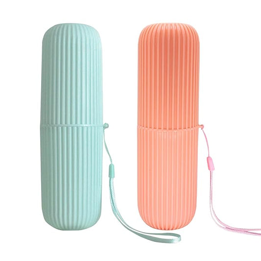 Sunenlyst 2Pcs Travel Toothbrush Holder, Portable Toothbrush Case for Traveling, Camping, Business Trip and School, Multifuction Toothbrushes Toothpaste Set with Two Colors (Green and Orange)