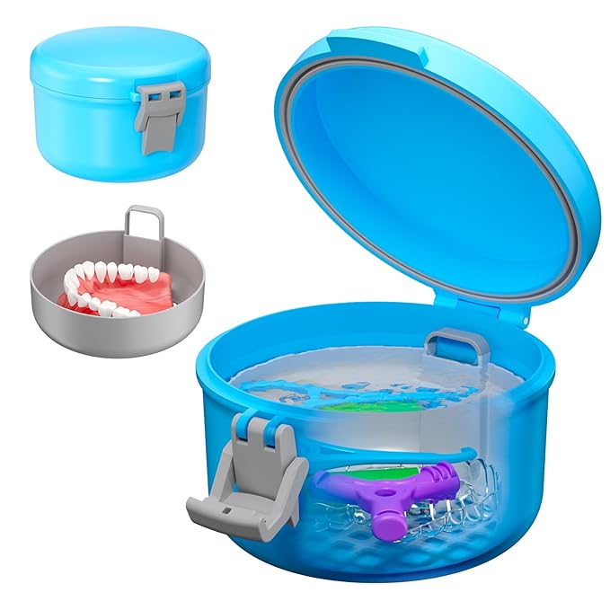 Leak Proof Denture Bath Case, Travel Denture Cup for Soaking Dentures & Retainer, Retainer Cleaner Case, Round False Teeth Container, Sky Blue + Silver Gray.