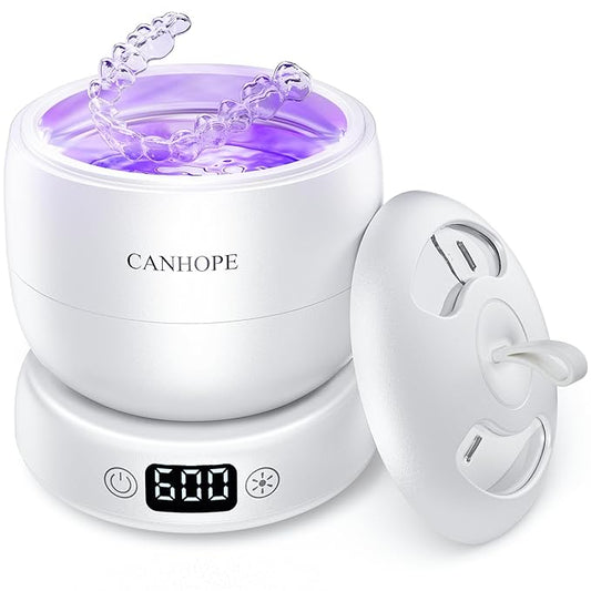 Ultrasonic Retainer Cleaner Machine, 42kHz Professional for Dentures, Aligners, Mouth Guards, Jewelry - IPX7 Waterproof Durable Removable Base and Top Cover, 3 Timer Settings, Quiet White