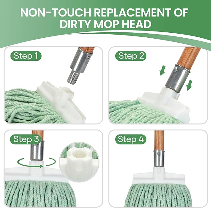 Matthew Cleaning Screw-on Heavy Duty Cotton Wet Mop Replacement Heads(Green, Large,12 Pack) with 2 Pack Microfiber Cloth for Residential & Commercial Floor Cleaning Use- Fit Standard American Screw