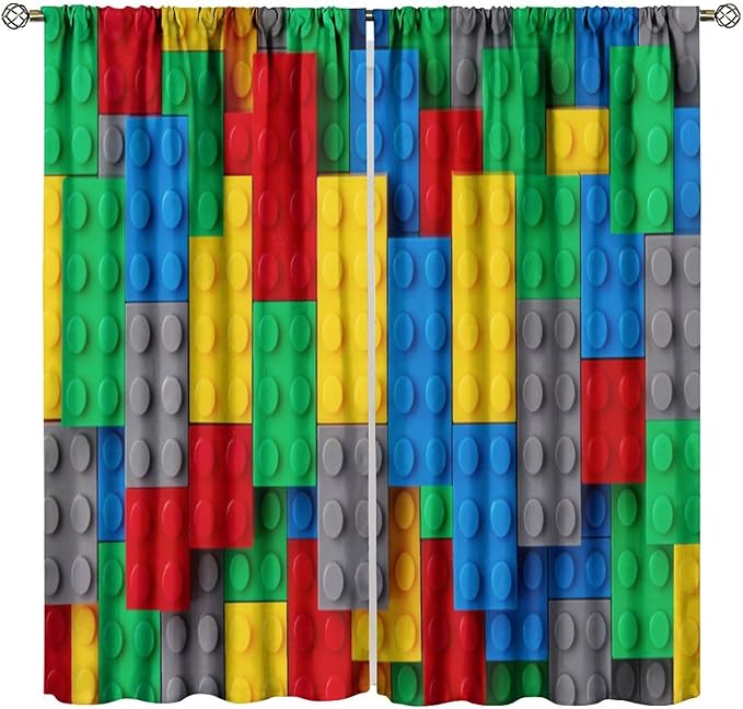 Kids Building Blocks Toy Curtains for Kids Room W42 x L54 Inch Rod Pocket Contour Plastic Colorful Toy Bricks Geometric Print Pattern Curtains for Boys Girls Bedroom 2 Panels