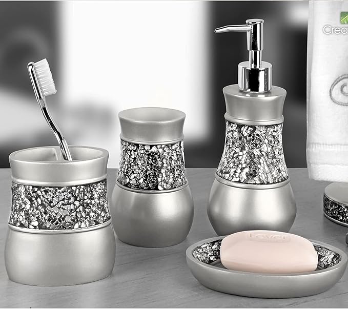 Creative Scents Crackled Glass Silver Bathroom Accessory Set - 4 Piece Bathroom Sets Accessories Included: Soap Dispenser, Toothbrush Holder, Tumbler and Soap Dish