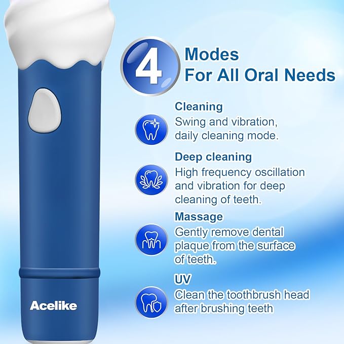 UV Self Clean Kids & Toddlers Electric Toothbrush | Improve Safe and Hygiene | Soft Bristles | Easy-Grip Silicone Handle | 4 Modes & 2-Min Timer | One Charge Last 60 Days | Age 3+ (Blue)