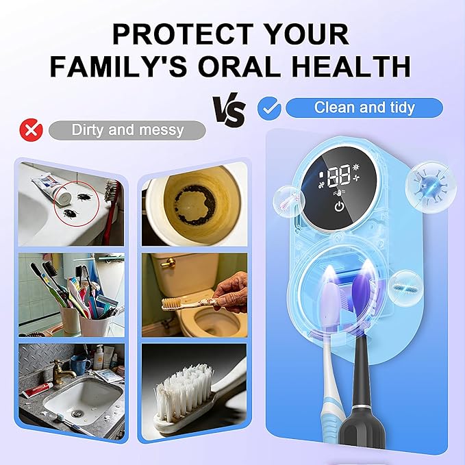 Toothbrush Holder and Cleaner Razor Holder/Dryer Light Cleaning and Air Drying Automatic Ratating Cover Rechargeable Wall Mounted for Bathroom Portable for Trip