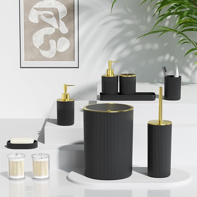 Black Gold Bathroom Accessories Set, 10PC Bathroom Set, Bath Accessory with Pop Up Trash Can, Soap Dispenser, Toilet Brush, Toothbrush Set Qtip Holders & Tray