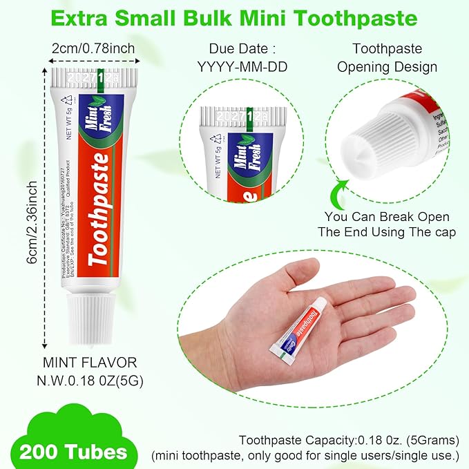 HOFASON 200 Tubes Bulk Travel Size Toothpaste 0.18 oz, Extra Small 2.28x0.78 inches Disposable Travel Size Bulk Mini Toothpaste Peppermint for Bad Breath, Guests, Homeless, Hotel, Charity Toiletries