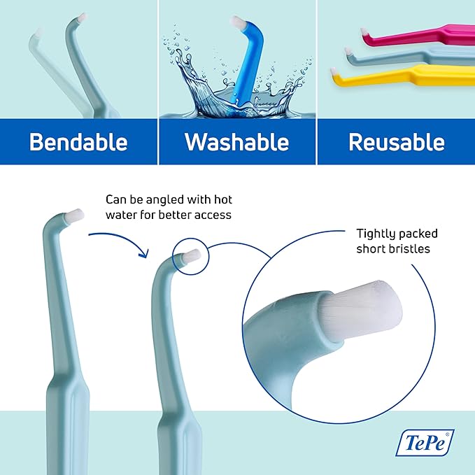 TePe Compact Tuft Toothbrush, Tufted Brush End Orthodontic Toothbrush for Braces, Dental Implants, Denture Brush, Small Head, 1 Pk (Pack of 2)