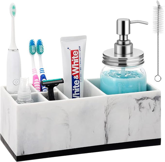 VITVITI Toothbrush Holder for Bathroom, Bathroom Organizer Countertop, Rectangle 6 Compartment Bathroom Accessories Storage for Toothpaste/Vanity Counter/Sink, White Resin of Marble Color