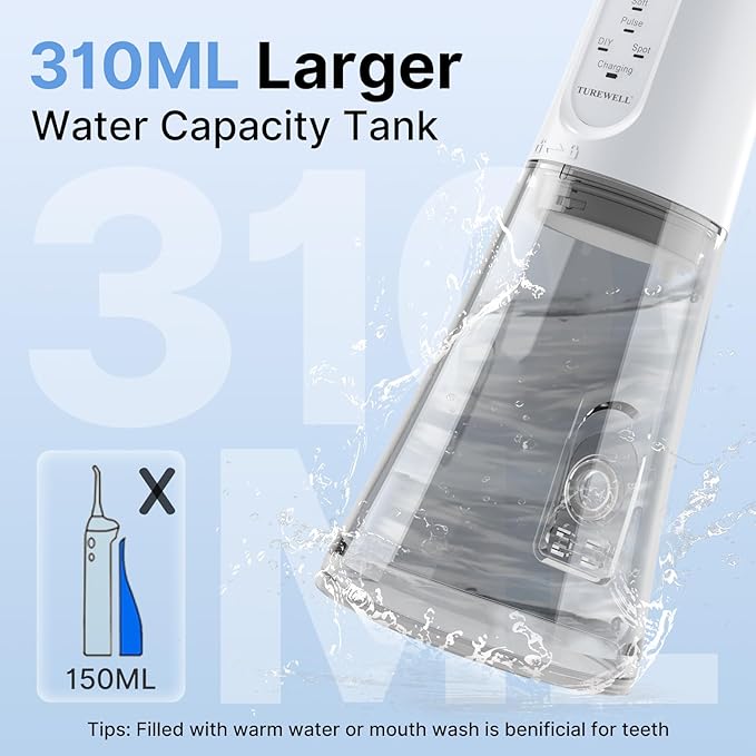 TUREWELL Water Dental Flosser for Teeth/Braces, 310 ML Portable Cordless Oral Irrigator with 5 Modes, IPX7 Waterproof Electric Water Flossing with 4 Replacement Jet Tips for Travel and Home, White