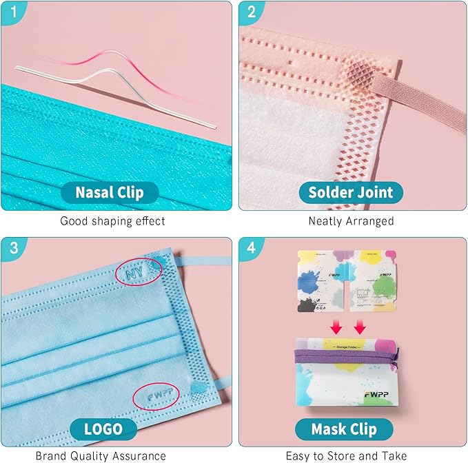 FWPP Adult 4 Ply Disposable Face Masks, Elastic Ear Loop Face Mask, Breathable Non-woven Fabric Green, Individually Wrapped Pack of 50