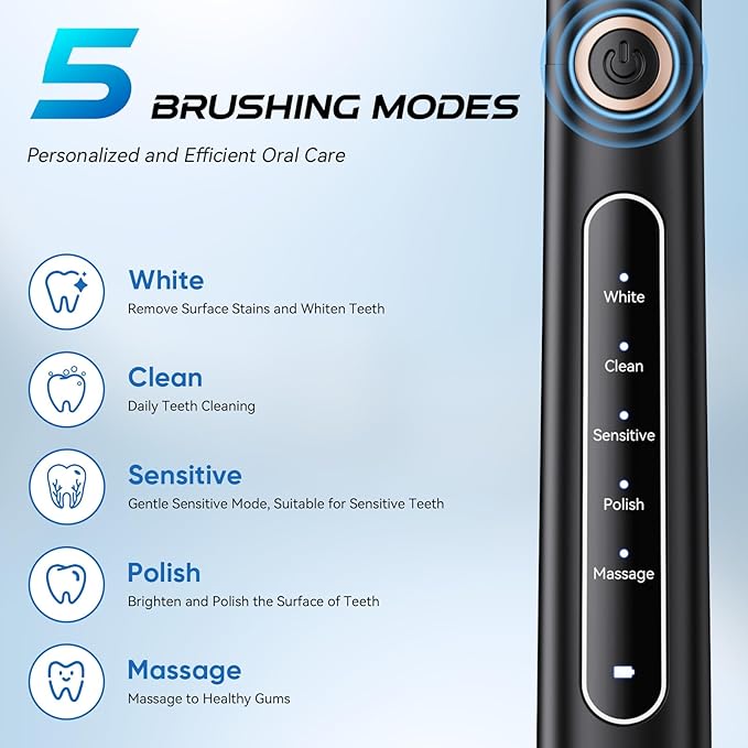 YUNCHI Electric Toothbrush for Adults, Battery Toothbrush, Rechargeable Sonic Electric Tooth Brush with 8 Brush Heads, 5 Modes & 2 Minutes Smart Timer, IPX7 Waterproof, One Charge for 30 Days, Black