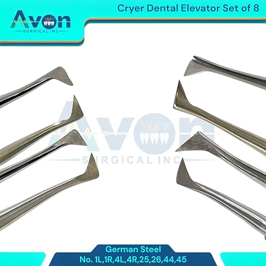 Root and Tooth Extraction Dental Cryer Elevator Pick, Sharp Angled Tip, Color-Coded Handle Ends | Autoclave-Safe German Stainless Steel Dental Instruments (8, #1L+#1R+#4L+#4R+#25+#26+#44+#45 - Set)