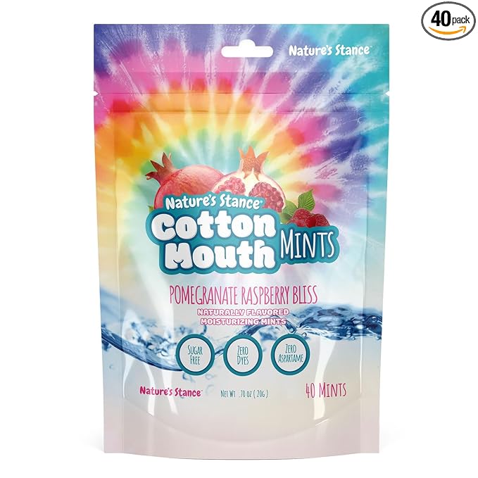 Nature's Stance Xylitol Mints for Cotton Mouth Relief, Dry Mouth Lozenges Sugar Free, Mouth Watering Mints - Stimulates Saliva & Freshens Breath, 40 Count (Pomegranate Raspberry Bliss)