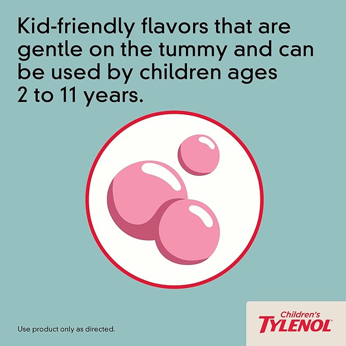 Children's Tylenol Chewables with 160 mg Acetaminophen, Pain Reliever & Fever Reducer for Kids' Cold + Flu Symptoms, Headache, Sore Throat & Toothache, Aspirin-Free, Bubble Gum, 24 ct