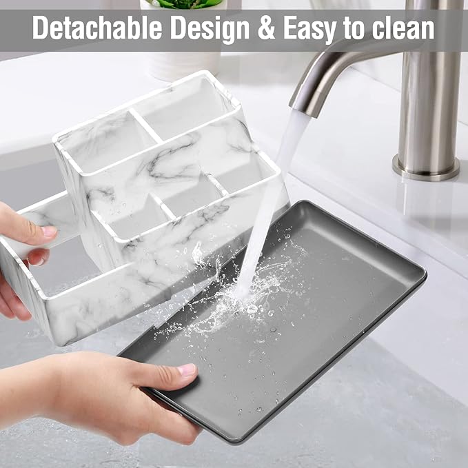 Toothbrush Holders for Bathrooms, Plastic Bathroom Countertop Organizer Compartment, Vanity Organizer Tray,Countertop Organizer Box, Kids Desk Organizers and Storage,White Marble Pattern