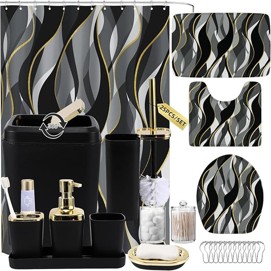 Bathroom Set - Black and Gold Bathroom Accessories, Bathroom Sets with Shower Curtain and Rugs, Black Shower Curtain Set with Bathroom Trash Can, Soap Dispenser, Soap Dish for Home Decor