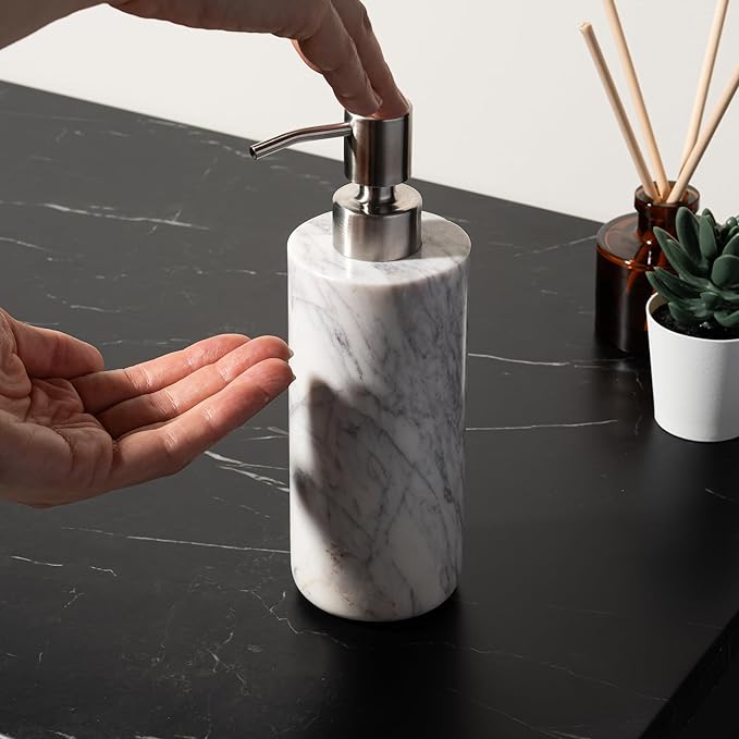 Cork & Mill Marble Bathroom Accessories Set, Complete 3 Piece Set with Soap Dispenser, Toothbrush Holder & Canister with Lid for Qtips, White Marble Bath Countertop Vanity Decor Organizer