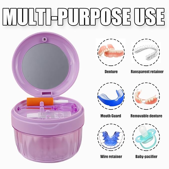 Denture Case, Leak-Proof Denture Bath Cup for Travel, Large-Capacity Denture Storage Cup, Comprehensive Cleaning Kit for Dentures, Retainers and Night Guards