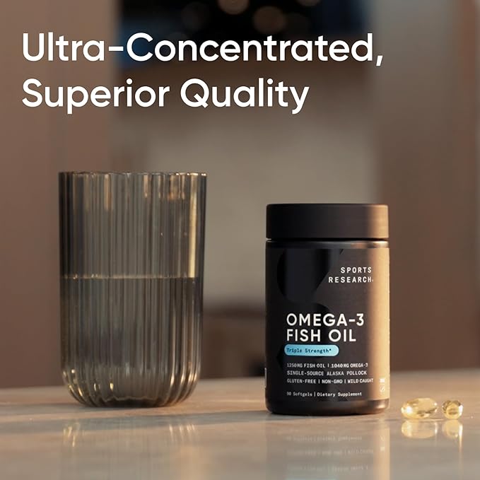 Sports Research Triple Strength Omega 3 Fish Oil 1250mg from Wild Alaska Pollock - Burpless Fish Oil Supplement with Omega3s EPA & DHA - Sustainably Sourced, Non-GMO, Gluten Free - 30 Softgels