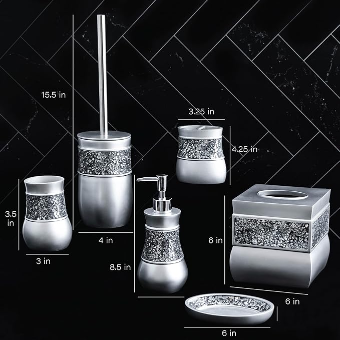 Crackled Glass Silver Bathroom Accessories Set - 6 Piece Bathroom Set Includes: Toilet Brush and Holder Set, Tissue Box Cover, Toothbrush Holder, Soap Dispenser, Soap Dish & Tumbler