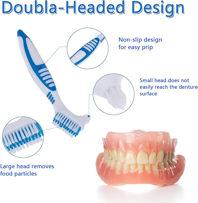Denture Brush, 2 Pieces False Teeth Toothbrush with White Carrying Case, Green and Purple Multi-Layered Bristles with Ergonomic Rubber Handle for Dentures Cleaning