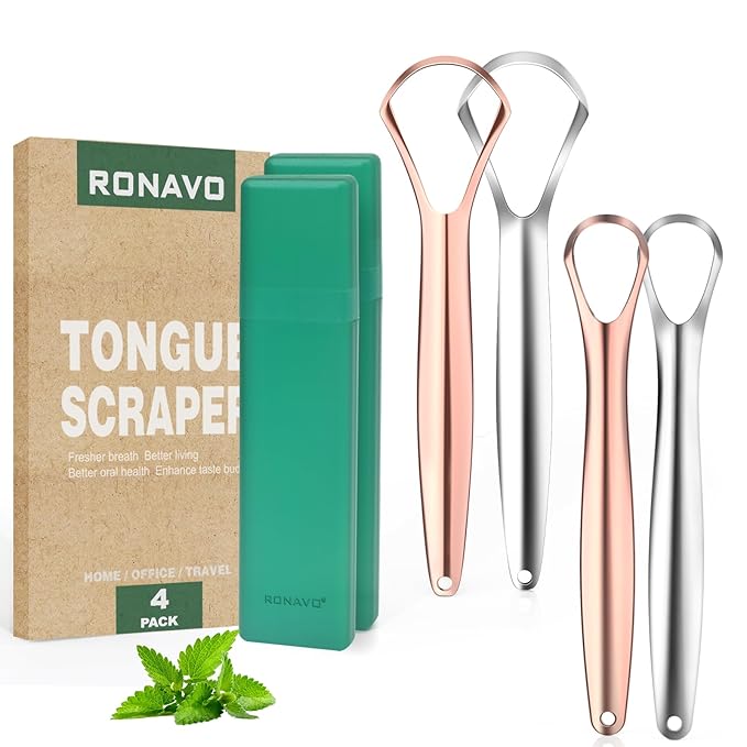 RONAVO Tongue Scraper Cleaner for Adults and Kids, Oral Hygiene, Oral Health, Improve Taste, No Smell, No Rust, 2 Colors (4 Pack)