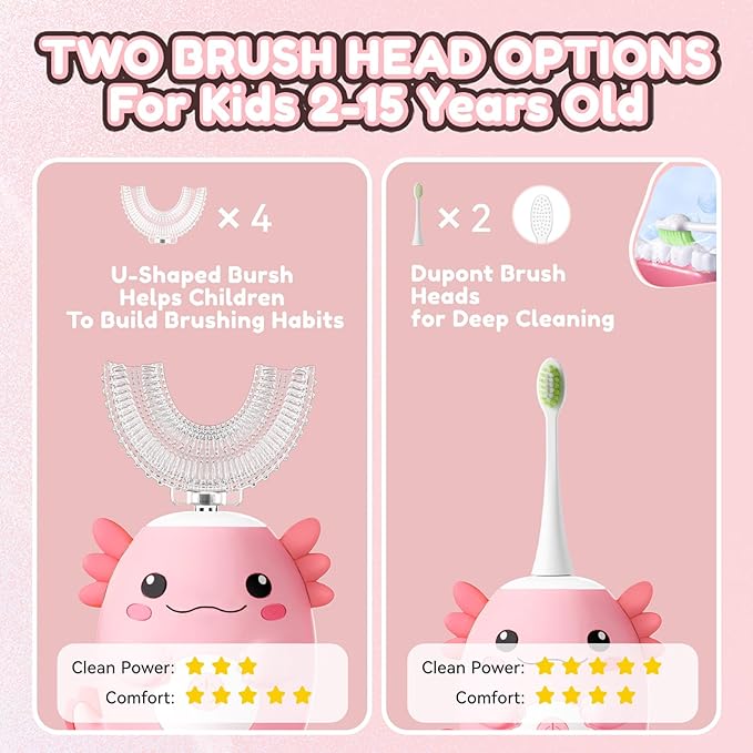 Kids Electric U Shaped Toothbrush - Axolotl Kids Rechargeable Sonic Toothbrush with 6 Brush Heads Full Mouth 6 Cleaning Modes - Age2-15 Pink