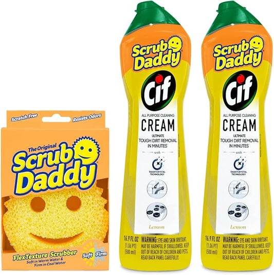 Scrub Daddy + 2x Cif All Purpose Cleaning Cream, Lemon - Multi Surface Household Cleaning Cream + Scrub Daddy Scratch-Free Multipurpose Dish Sponge
