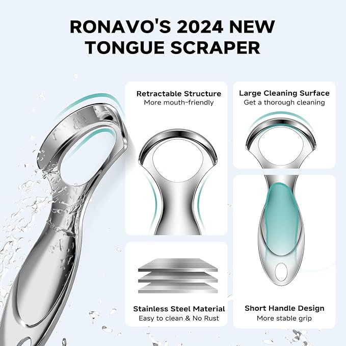 RONAVO Tongue Scraper Tongue Cleaner (New Series) Tongue Scraper for Adults Portable Storage Tongue Coating Removal Bad Breath Care Metal Tongue Scraper with Blue Carrying Case