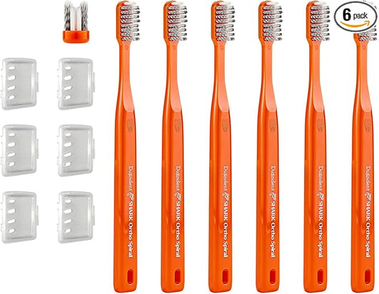 Orthodontic Toothbrush for Braces [6 Packs][Made in Korea] V Trim Cutting Tapered Gentle Bristles Braces Toothbrush for Brackets and Wires Cleaning (Shark Ortho Spiral, 6 Pack)
