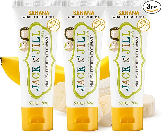Jack N' Jill Natural Toddler Toothpaste - Fluoride Free Training Toothpaste for Toddlers 1-3, 40% Xylitol, BPA Free - Banana, 1.76 oz (Pack of 3)