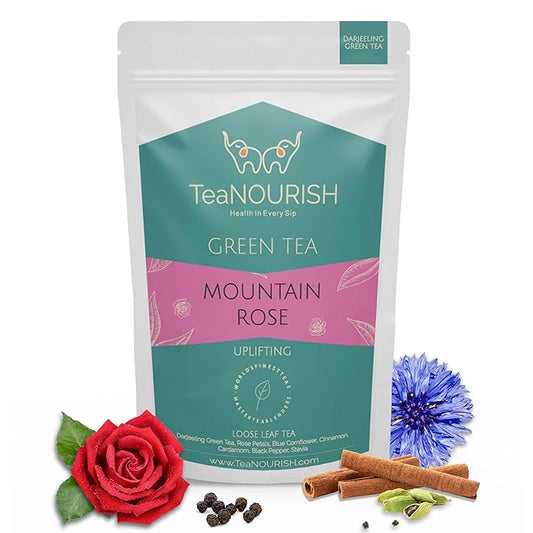 TeaNOURISH Mountain Rose Green Tea | Loose Leaf Tea | Blended with Rose Petals, Blue Cornflower & Cinnamon | 100% NATURAL INGREDIENTS | Brew Hot or Iced Tea - 1.76oz/50g