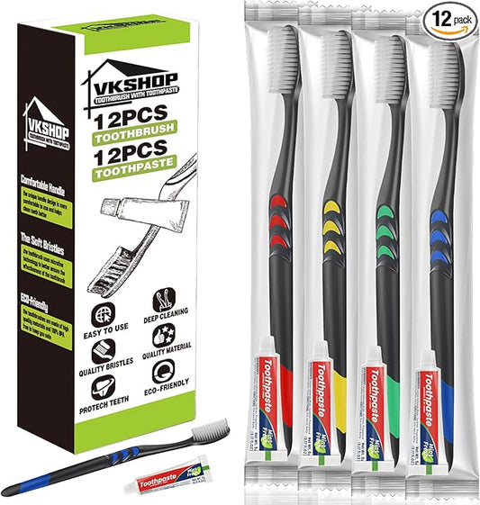 Disposable Toothbrush with Toothpaste, 12 Pack Individually Wrapped Travel Toothbrushes Set, Portable & Hygienic for Camping, Travel, Hotel, Flight, Party, Daily Use (Black, 5g Toothpaste)