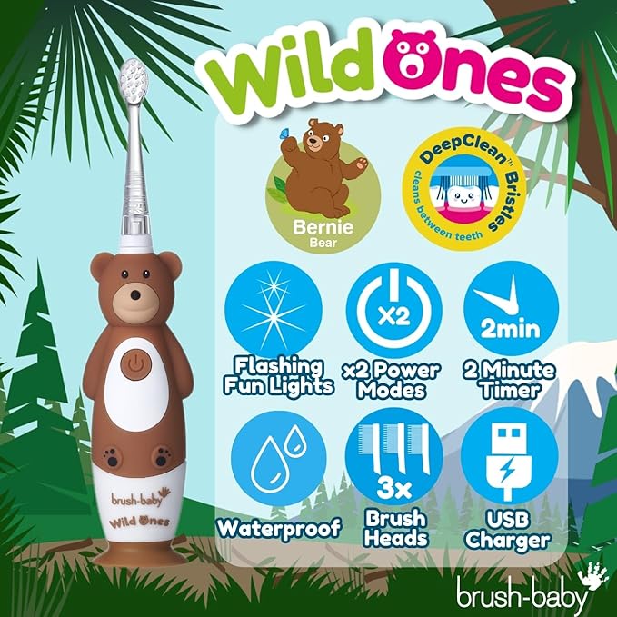 brush-baby - Kids Rechargeable Electric Toothbrush, 0-10 Years - WildOnes, Bear Design with Flashing Lights - DeepClean Bristles for Superior Clean - 2X Replacement Heads, 1x USB Cable