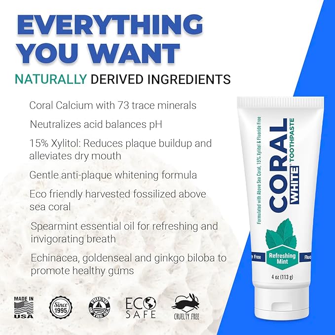 Coral White - Coral White Mint Toothpaste Natural Fluoride SLS Free Coral Calcium Remineralizing Toothpaste 4 Ounce (3 Pack)