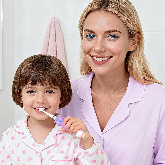 YUNCHI Toddler Electric Toothbrush Kids 0-3-6 Years, Baby Electric Toothbrush with Colorful LED Light, Battery Powered Toddler Toothbrush with 2 Minutes Timer 4 Brush Heads, Infant Toothbrush (Purple)