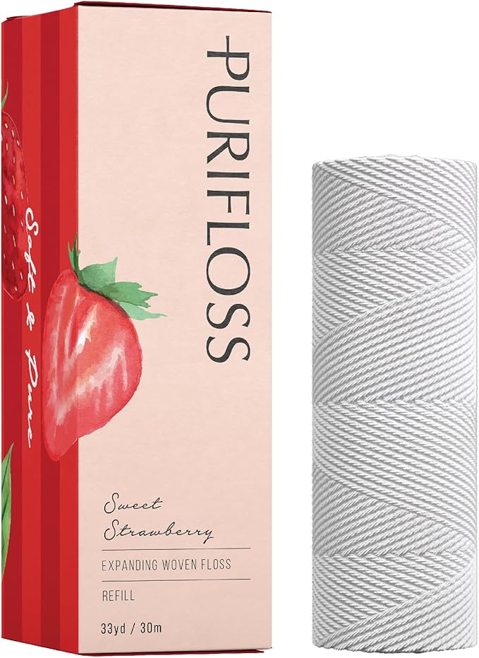 Premium Expanding Woven Dental Floss - PTFE & PFAS Free - Sweet Strawberry Refill - Dentist Recommended - Kid Friendly - Vegan & Cruelty Free - 33yd