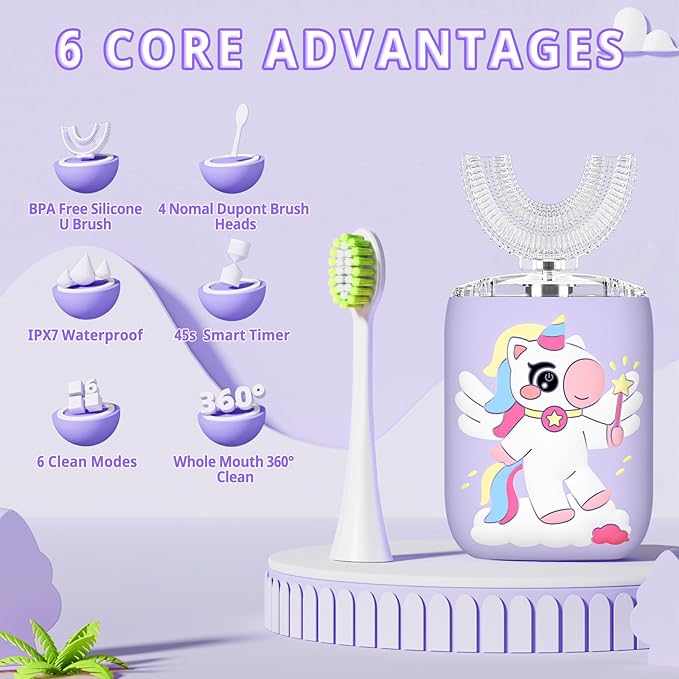 Kids Electric U Shaped Toothbrush Unicorn Rechargeable Sonic Toothbrush with 4 Soft Brush Heads with Kid Toothpaste IPX7 Waterproof - (Age 8-15, Purple)
