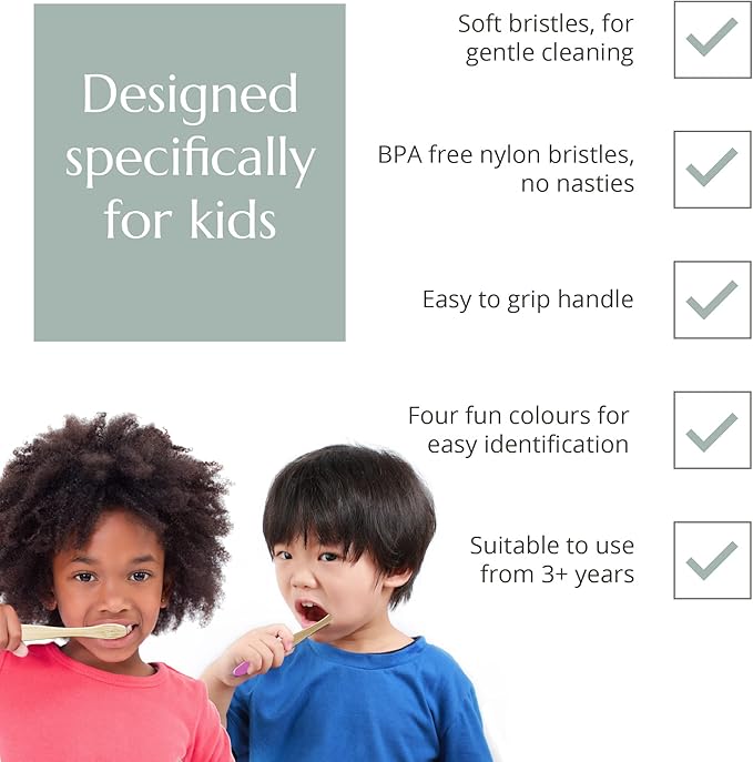 Wild & Stone Organic Children's Bamboo Toothbrush | 4 Pack Candy Colour | Soft Fibre Bristles | 100% Biodegradable Handle | BPA Free | Vegan Eco Friendly Kids Toothbrushes