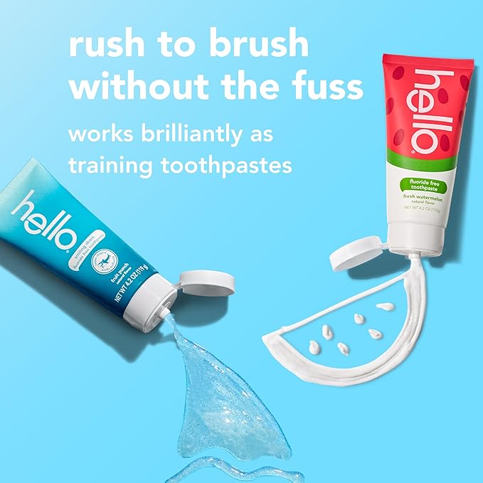 hello Smiling Shark and Fresh Watermelon Fluoride Free Kids Toothpaste Pack, Includes 4.2 oz Smiling Shark Kids and 4.2 oz Fresh Watermelon Toothpaste