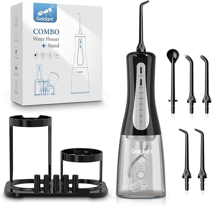 350ML Water Dental Flosser Teeth Pick with Stand Convenient Storage, 5 Modes Portable Cordless Oral Irrigator, Electric Rechargeable IPX7 Waterproof for Home Travel Teeth Cleaning(Black)