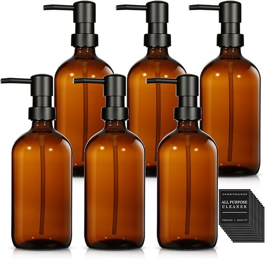 6 Pack Glass Soap Dispenser with Pump 17 oz Refillable Liquid Hand Soap Dispensers for Bathroom Kitchen Liquid Bottle with Labels for Dishwashing Soap Shampoo Body Wash Facial Cleanser Lotion,Amber