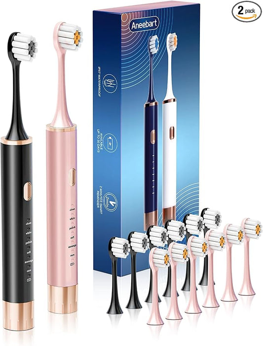 Black & Pink Electric Toothbrush for Adults, 2 Pack Toothbrush，USB Rechargeable Sonic Toothbrush with 12 Brush Heads, Smart Timer, 6 Modes, 2-Hour Fast Charge Last 30 Days