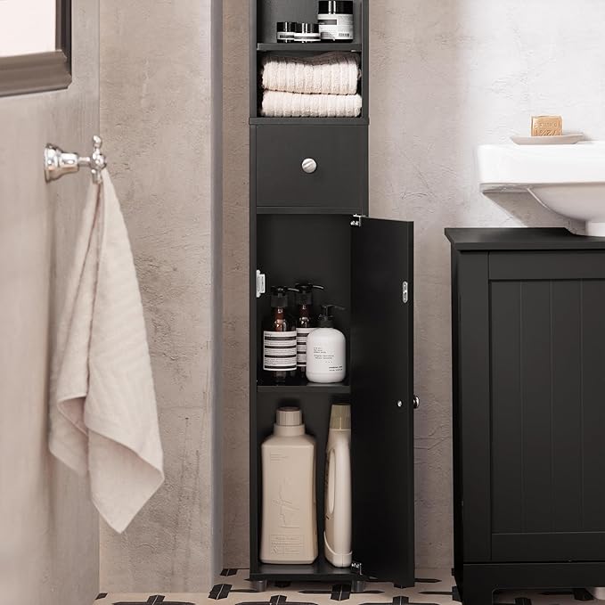 SoBuy Narrow Bathroom Storage Cabinet, Tall Slim Bathroom Organizers and Storage for Small Spaces, Freestanding Skinny Cabinet with Doors and Shelves for Tight Corners, Black BZR34-SCH