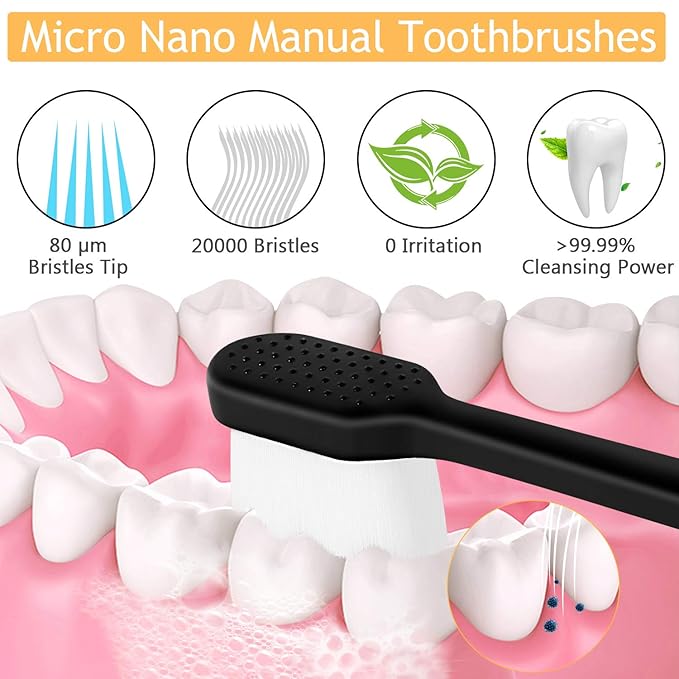 Adult Extra Soft Toothbrush with 20000 Soft Bristles, (Pack of 6) Micro Nano Manual Toothbrushes for Protect Sensitive Gums, Black/White