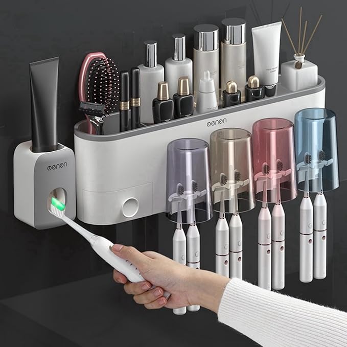 No-Drill Wall Mounted Toothbrush Holder, Bathroom Shelf, with 1 Automatic Toothpaste Dispenser 8 Brush Hooks Cups 1 Cosmetic Drawer Organizer and Large Storage (1 Dispenser + 4 Cups)