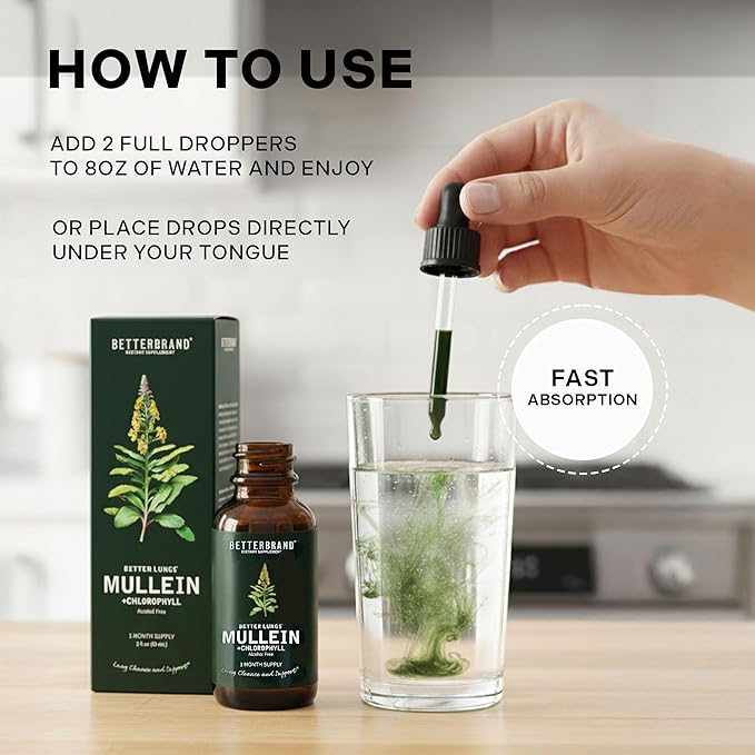 Betterbrand Mullein Drops for Lung Detox - Mullein Leaf Tincture with Chlorophyll - Helps Support Respiratory Health, Alcohol-Free, 1 Month Supply - 60ml
