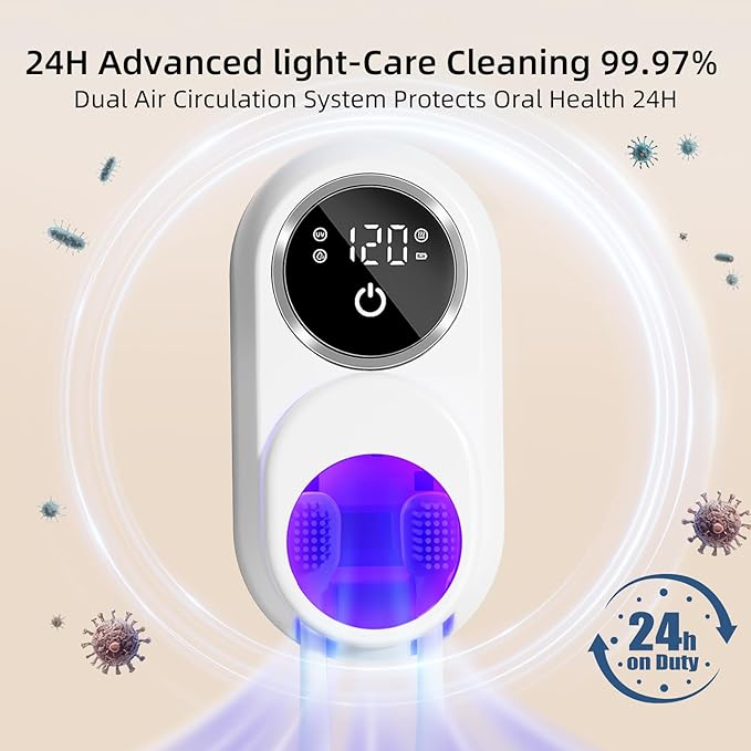 UV Toothbrush Sanitizer Holder 2 Slots (White): Wall Mount for Bathroom, Rechargeable, LED Smart Screen, Heated Fan Drying for Home/Travel