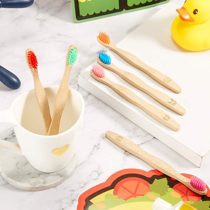 Boao 16 Pcs Kids Bamboo Toothbrush Soft Bristle Natural Toothbrush Wooden for Kids with Colorful Bristles and Ergonomic Animal Designs Handles